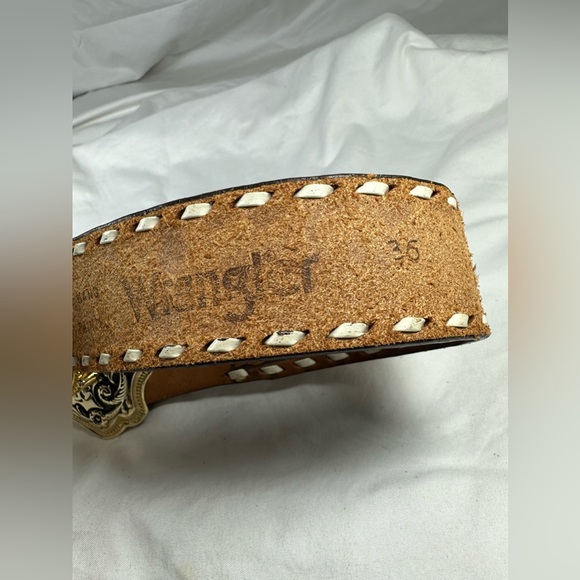 Vintage Kennedy half dollar buckle tan Wrangler leather belt tooled size 36 - Picture 4 of 13